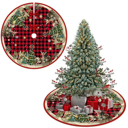 Christmas Tree Skirt, New Year Xmas Deco, 48 Inches Large Christmas Tree Skirts Snowflake Red and Black Plaid Stamp for Christmas Tree Decorations