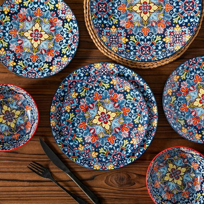 Malacasa 12 Pcs Dinnerware Sets, Ceramic Plates and Bowls Set, Porcelain Tableware Dishwasher Microwave Safe, Serves for 4 People, Bohemian Dark Blue