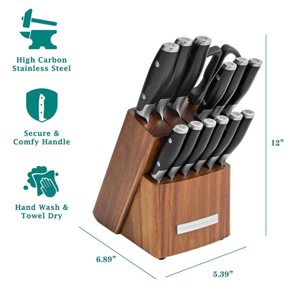 The Pioneer Woman 14-Piece Knife Block Set Stainless Steel Knives with Ergonomic Handle, Black