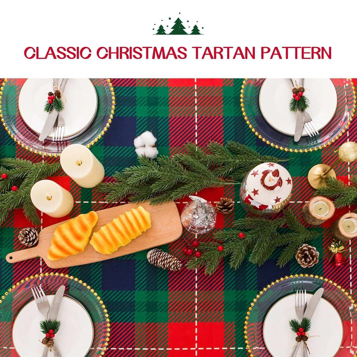 Romanstile Christmas Rectangle Green Plaid Tablecloth - 60 x 84 inch - Checkered Water Stain Resistant Table Cover, Washable Polyester Table Cloths for Xmas Dinner/Party Decoration/Holiday