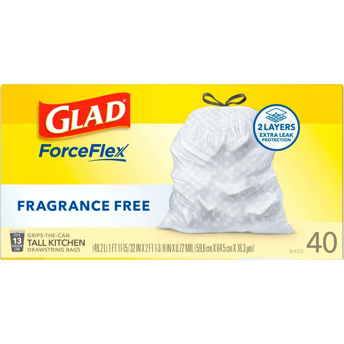 Glad ForceFlex Tall Kitchen Drawstring Trash Bags, 13 Gallon, Fragrance Free, 40 Count