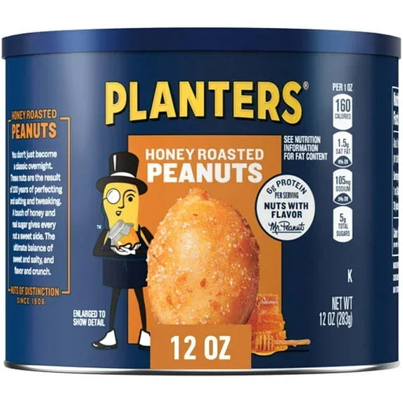 PLANTERS Honey Roasted Peanuts, Sweet and Salty Snacks, Plant Based Protein, 12 oz Canister