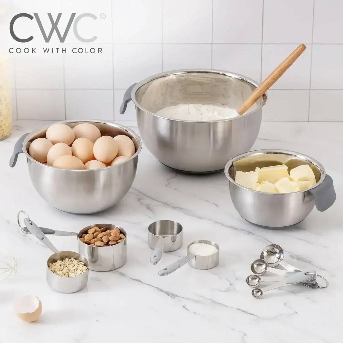 COOK WITH COLOR Stainless Steel Mixing Bowls Set and Measuring Cups- Nesting Bowls with Non-Slip Bottom and Easy-Grip Handles, 11 Pieces