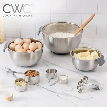 COOK WITH COLOR Stainless Steel Mixing Bowls Set and Measuring Cups- Nesting Bowls with Non-Slip Bottom and Easy-Grip Handles, 11 Pieces