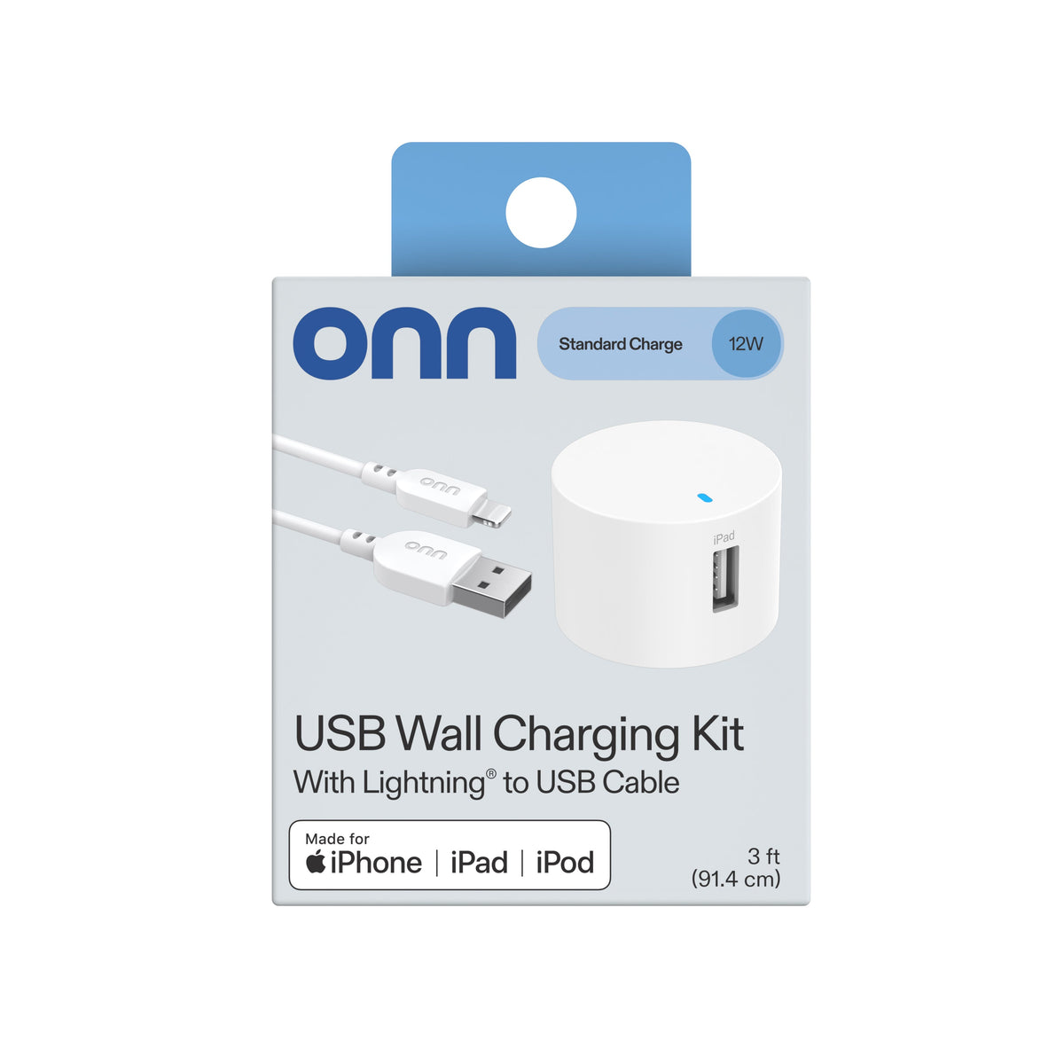 onn 12W Single USB-A Port Wall Charger with 3ft Lightning to USB Cable, MFI Certified Foldable Plug, White - Compatible with iPhone 14/13/12/11/X/XR/XS/8/7/6/5, iPad, Airpods and more