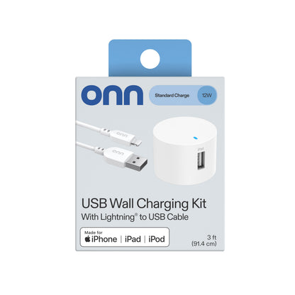 onn 12W Single USB-A Port Wall Charger with 3ft Lightning to USB Cable, MFI Certified Foldable Plug, White - Compatible with iPhone 14/13/12/11/X/XR/XS/8/7/6/5, iPad, Airpods and more