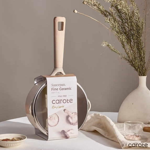 Carote Ceramic 2QT Non Stick Sauce Pan with Lid, 7" Non-Toxic Cooking Pot Bon Appetit, Taupe, Compatible with All Cooktops