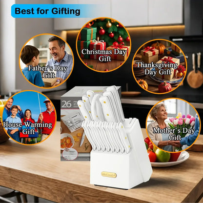 McCook DISHWASHER SAFE MC701 Knife Sets of 26, Stainless Steel Kitchen Knives Block Set with Built-in Knife Sharpener, Measuring Cups and Spoons