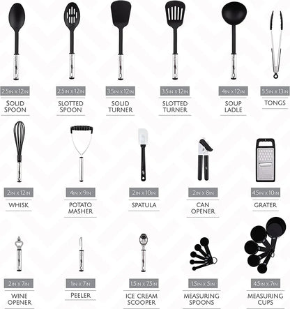 Kaluns 35 Pcs Cooking Utensils Set, Nonstick Heat Resistant Nylon & Stainless Steel Cooking Sets – Complete Kitchen Essentials & Kitchenware, Black