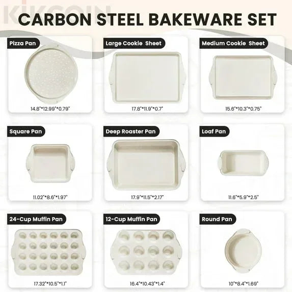 Kikcoin Bakeware Set, 21-Piece Baking Pans Set Kitchen Carbon Steel Baking Sheet Pans with Silicone Handles, Cookie Sheets Nonstick(Beige)