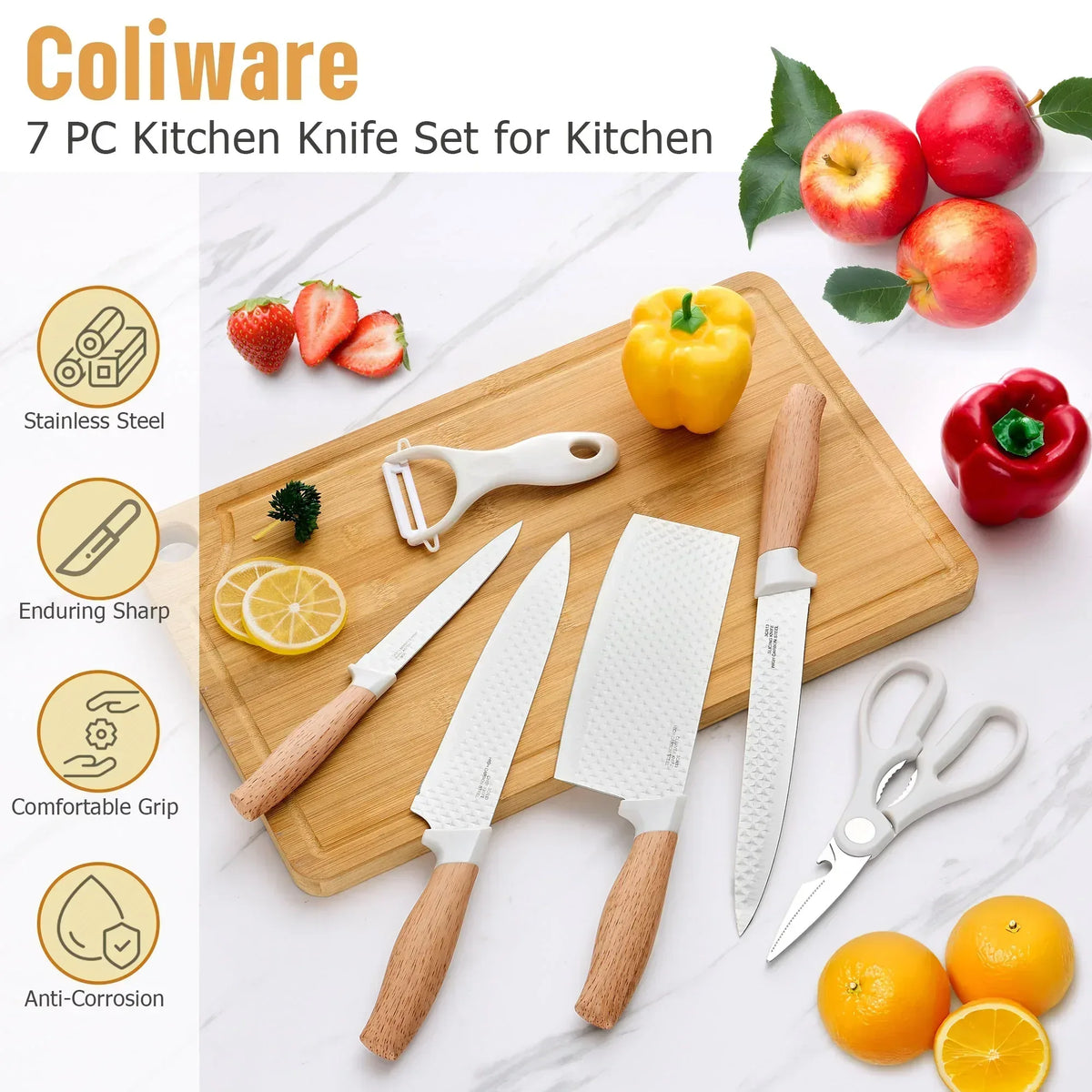 Joyfair Kitchen Knife Set, 7 Pcs Stainless Steel White Knives Block Set for Chef, Super Sharp Professional Knife Set with Universal Knife Block for Home Restaurant, Non-Stick & Anti-Rust