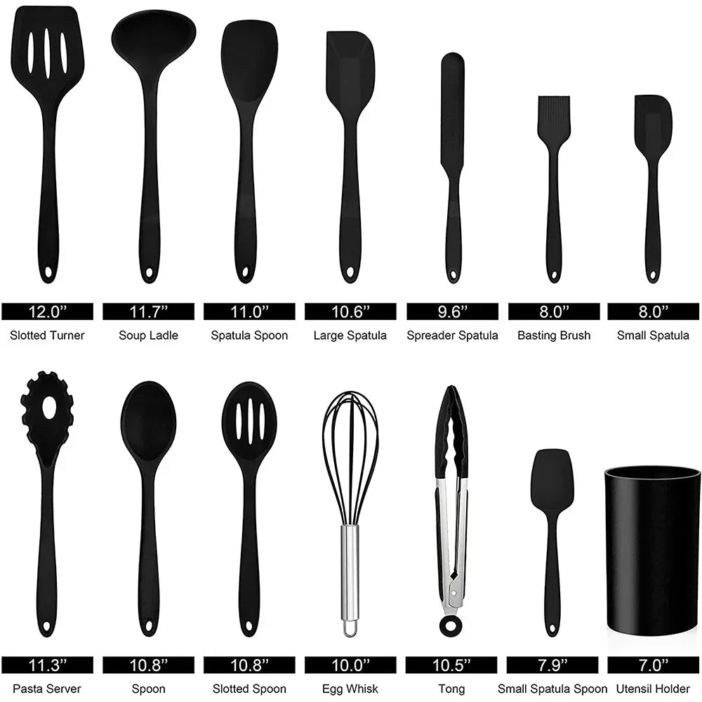 Walchoice 14 Pcs Cooking Utensils Set with Holder, Heat Resistant Silicone Kitchen Cookware Utensils Set, Kitchen Cooking Tools Includes Spatula Spoon Turner Whisk Tong, Dishwasher safe, Black