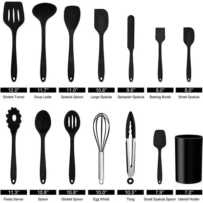 Walchoice 14 Pcs Cooking Utensils Set with Holder, Heat Resistant Silicone Kitchen Cookware Utensils Set, Kitchen Cooking Tools Includes Spatula Spoon Turner Whisk Tong, Dishwasher safe, Black