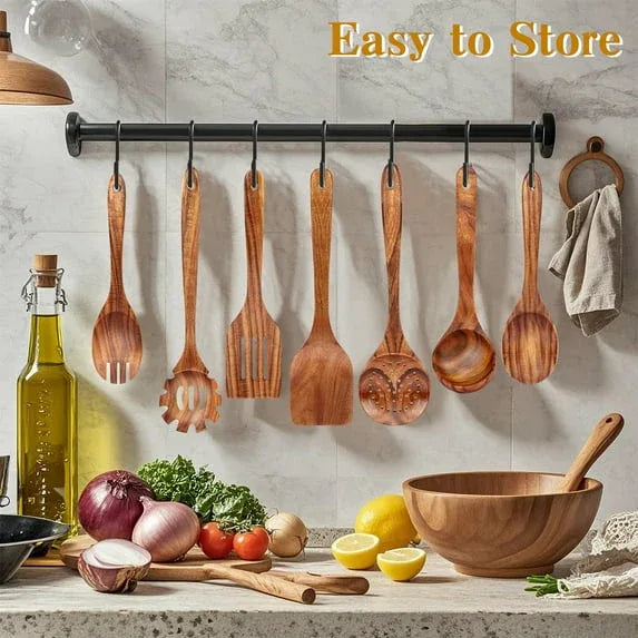 Wooden Spoons for Cooking, AOKIWO 6 PCS Teak Wood Cooking Utensil Set, Kitchen Wooden Finish Utensils Spoons and Spatula Set, Lightweight Nonstick Cookware