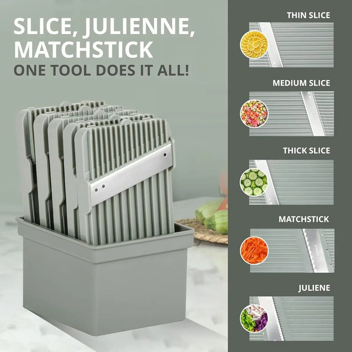 Emson Mandoline Slicer for Kitchen, All in 1 Mandolin Slicer for Food Works as Potato Slicer, Vegetable Slicer, Mandoline Food Slicer, French Fry Cutter with 5 Blades and Storage Container, Gray