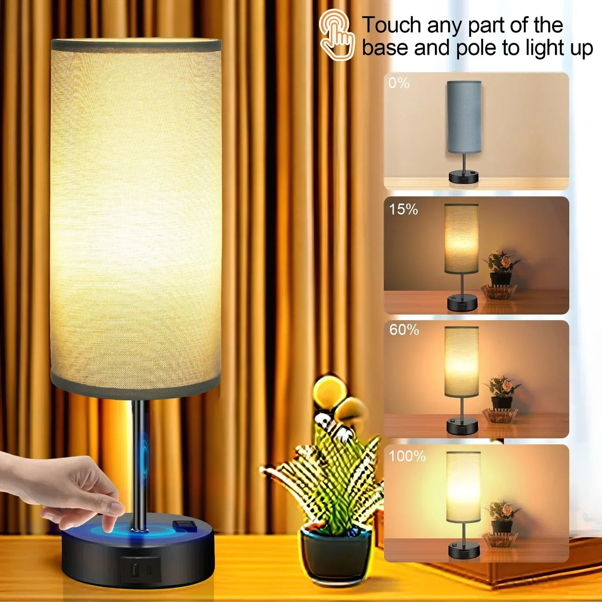 Table Lamps for Bedroom, 3 Way Dimmable Touch Control Bedside Lamp with USB C+A Fast Charging Ports, Nightstand Lamp for Office, Living Room, Reading(E26 Light Bulb Included)