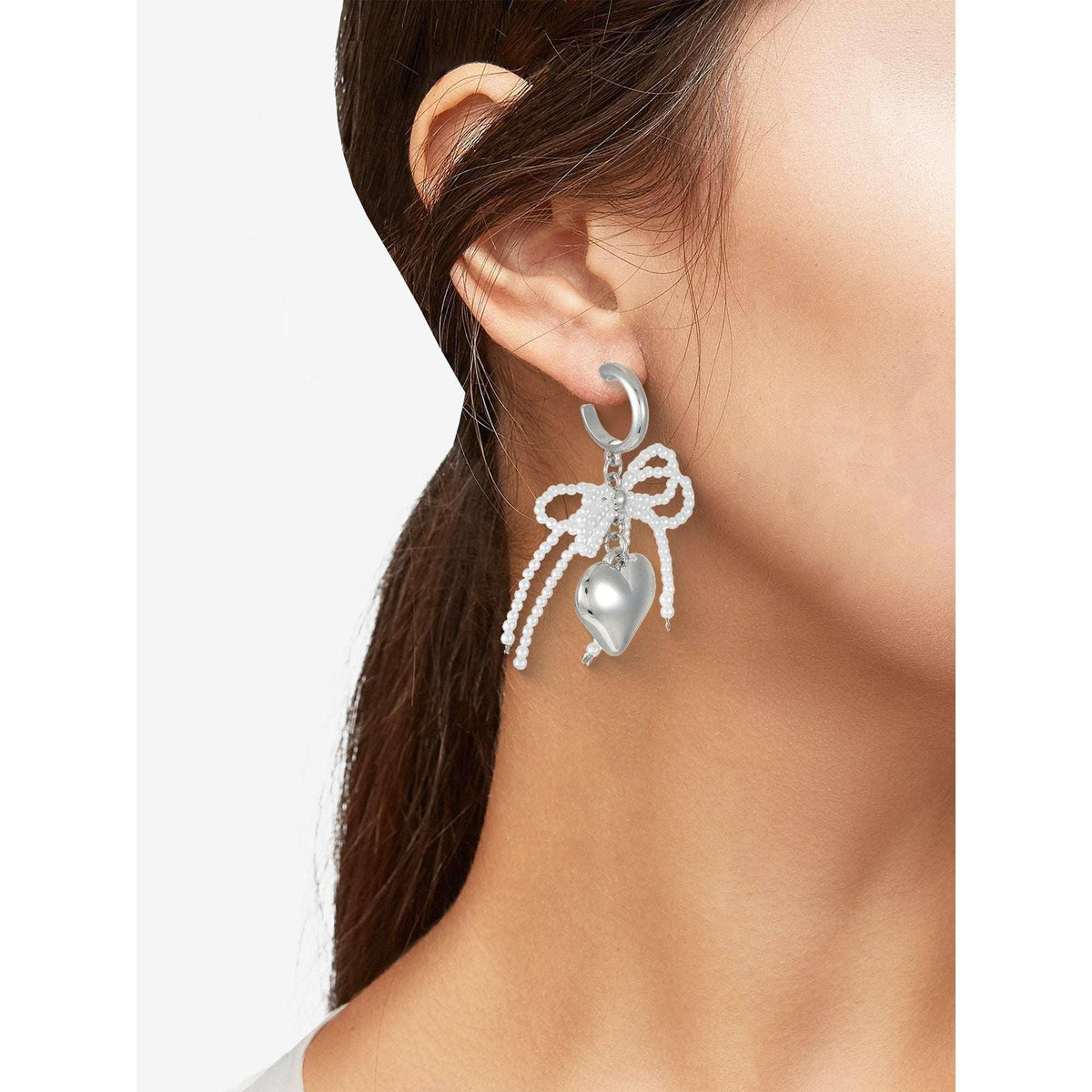 No Boundaries Silver-Tone Hoop Earrings with Heart and Bow Charms, 1-Pair, Women’s