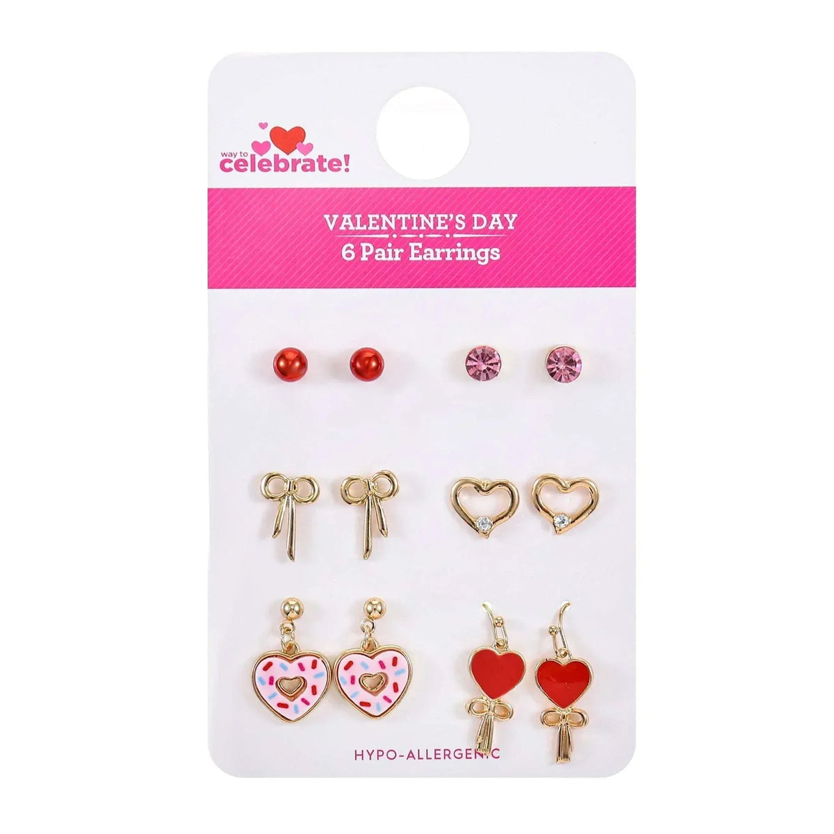 Way to Celebrate Valentine's Day Heart Motif Earrings, 6 Pairs