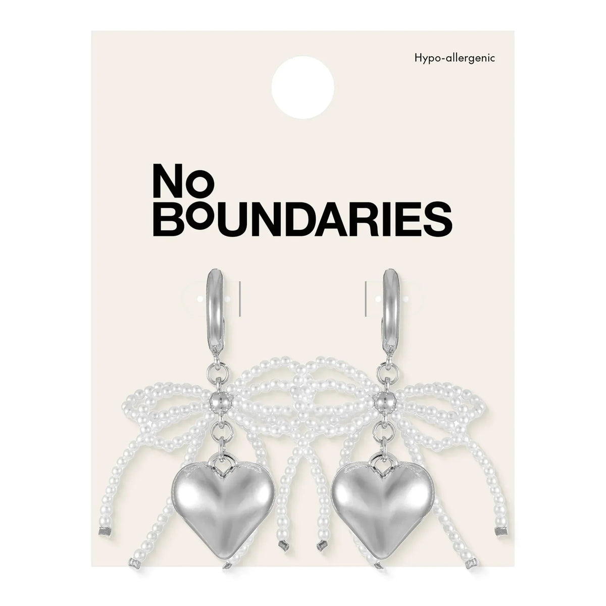 No Boundaries Silver-Tone Hoop Earrings with Heart and Bow Charms, 1-Pair, Women’s
