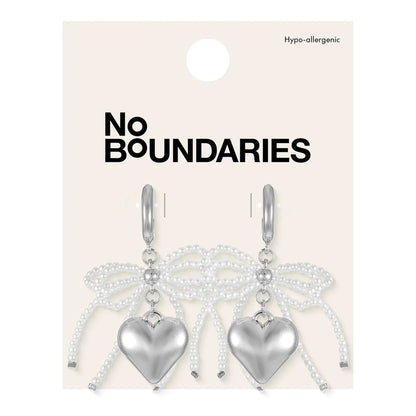 No Boundaries Silver-Tone Hoop Earrings with Heart and Bow Charms, 1-Pair, Women’s