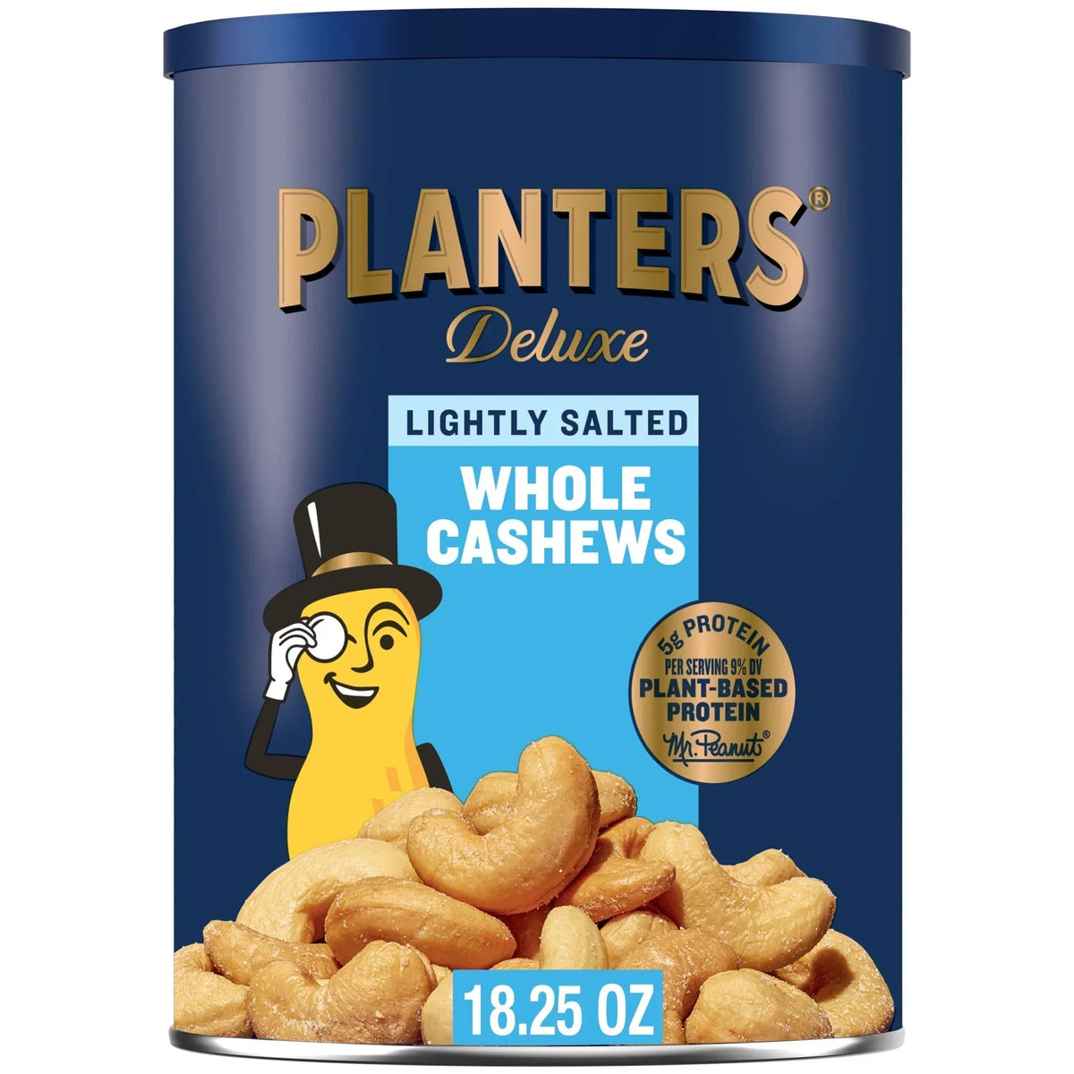 PLANTERS Deluxe Lightly Salted Whole Cashews, Party Snacks, Plant Based Protein, 18.25 oz Steel Can (1 Canister)