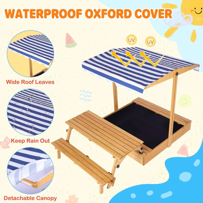 Haverchai Kid Sandbox with Lid, Outdoor Wooden Sand Boxes with Kids Picnic Table, Sandpit with Cover Canopy, Toddler Outdoor Playhouse with 2 Bench, Adjustable Roof & Bottom Liner for Backyard, Beach