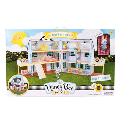 Honey Bee Acres Buzzby Farmhouse – 25 Piece Three-Story Country Dollhouse with Furniture & Exclusive Rabbit Figure – Doll Playset for Kids Ages 3+