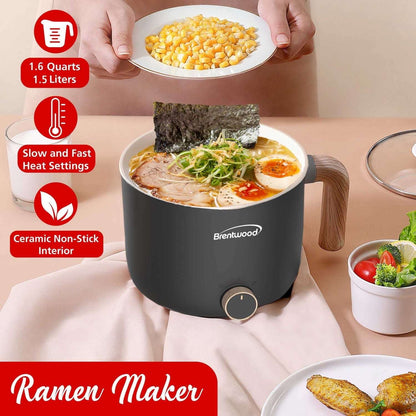 Brentwood 1.6-Qt. Multifunction Electric Ceramic Non-Stick Hot Pot Cooker with Stainless Steel Food Steamer (Black), HPS-3172BK