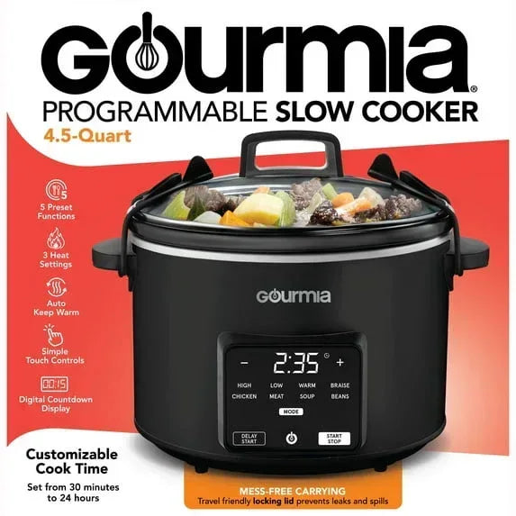 Gourmia Programmable Slow Cooker 4.5 Qt with Digital Controls and Auto Keep Warm, Black