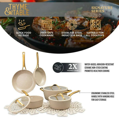Thyme & Table 12-Piece Ceramic Non-Stick Signature Ribbed Cookware Set, Non-Toxic Pots and Pans Set - Taupe