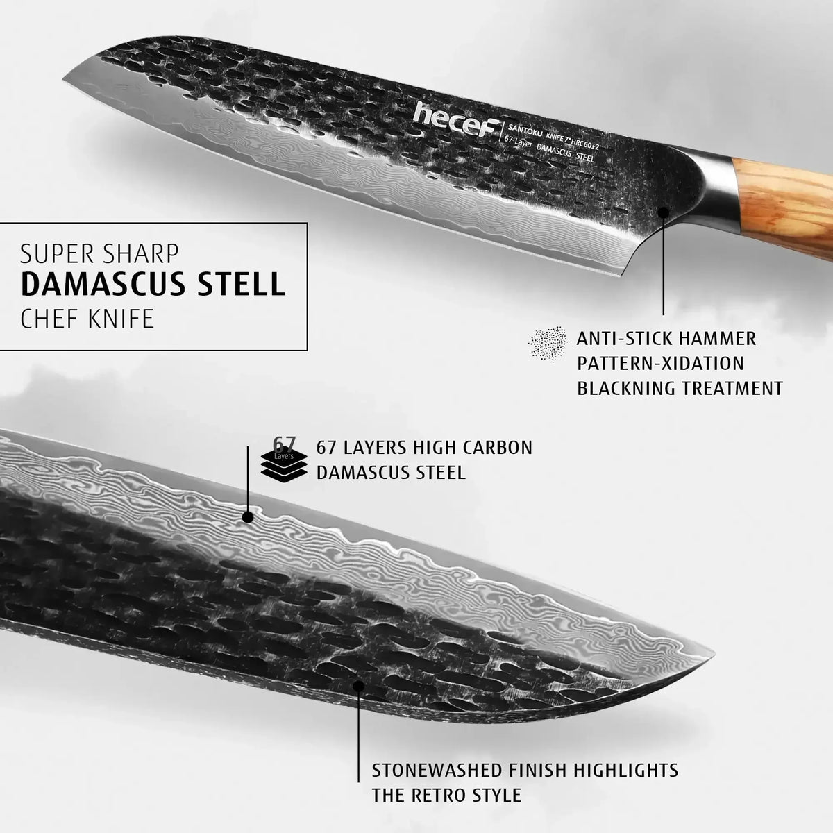 Hecef Japanese Chef Knife, Forged 67-Layer Damascus Steel Ultra Sharp Professional Hammered Carving Knife