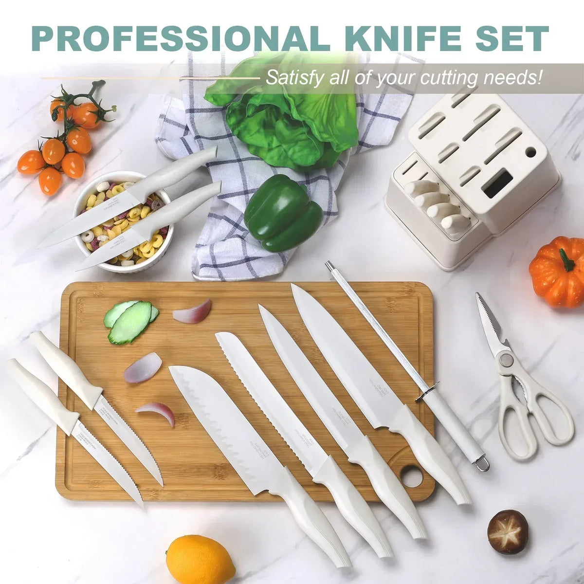 Vesteel Knife Set for Kitchen with Block, 15 Pcs High Carbon Stainless Steel Kitchen Knife Set with Self Sharpening