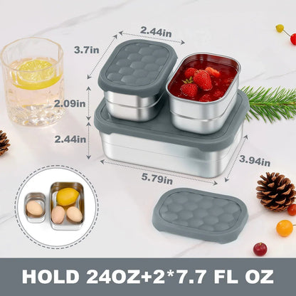Vesteel Stainless Steel Lunch Container Set, Leak Proof Bento Box with Silicone Lids, Portable Metal Lunch Box for School and Daycare(25OZ + 8OZ*2), Grey