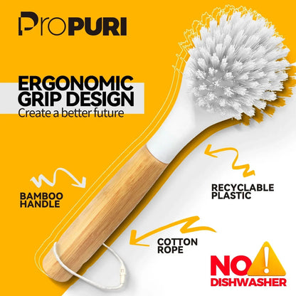 propuri Dish Brush Set with Bamboo Handle, Kitchen Scrub Brush,3 Pack Yellow White Black