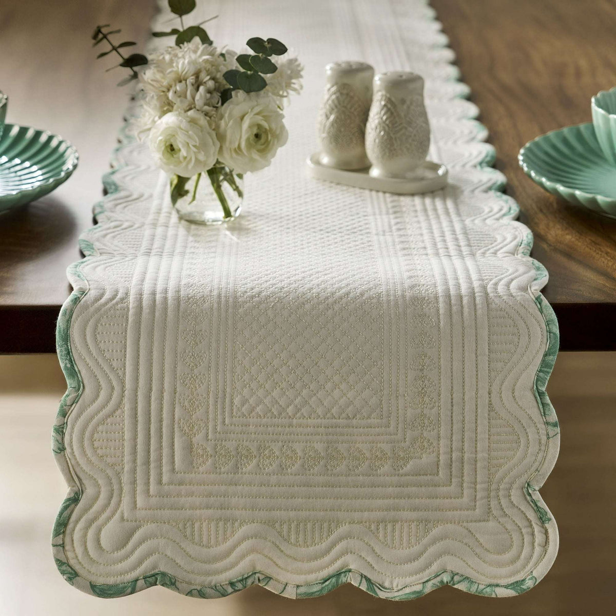 The Pioneer Woman Agatha Quilted Fabric Table Runner, Green & White, 14" x 90"