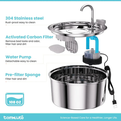 FWMB 3.2L/108oz Cat Water Fountain Premium Stainless Steel with 3 Filters, Automatic Pet Fountain Dispenser for Cats Dogs, with Ultra-Quiet Pump