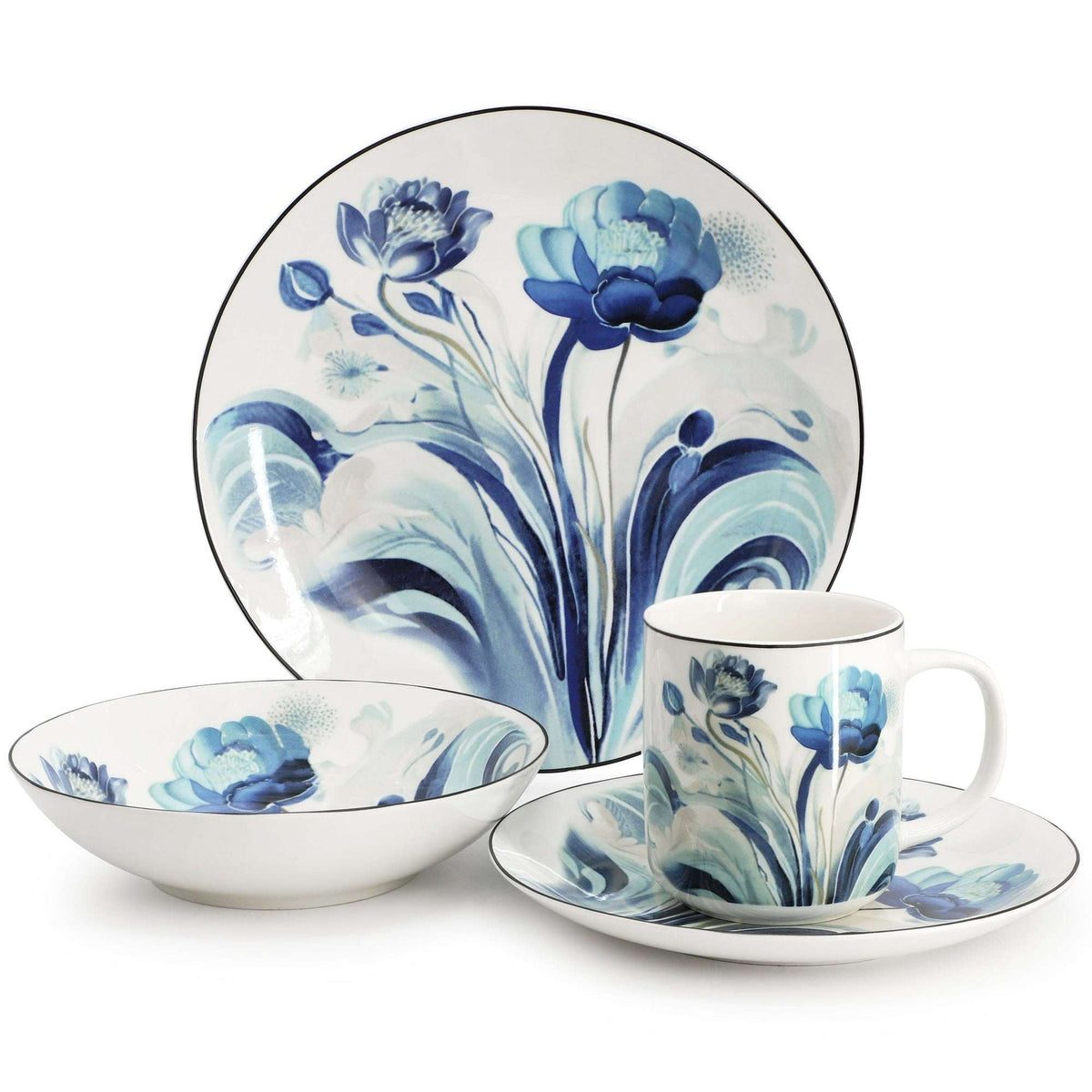 Elama Peony Garden 16 Piece Floral Design Round Porcelain Dinnerware Set in Blue
