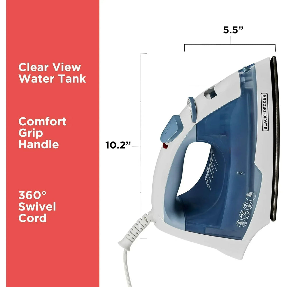 BLACK+DECKER Easy Steam Compact Iron, IR40V, Nonstick Plate, SmartSteam, Anti-Drip, Auto Shutoff