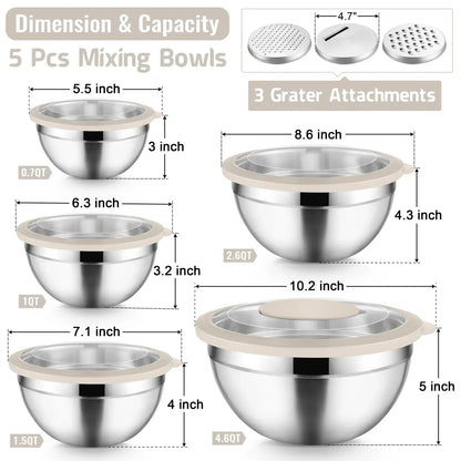 Vesteel Mixing Bowls with Lids Set of 8, Stainless Steel Prep Bowls with Upgraded Airtight Visible Lid, Metal Nesting Bowl Attach with 3 Graters for Kitchen Grating/ Shredding / Mixing