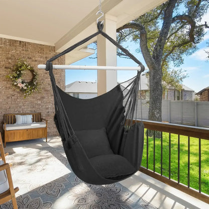 Large Hammock Chair Swing, Relax Hanging Rope Swing Chair with Detachable Metal Support Bar & Two Seat Cushions, Cotton Hammock Chair Swing Seat for Yard Bedroom Patio Porch Indoor Outdoor