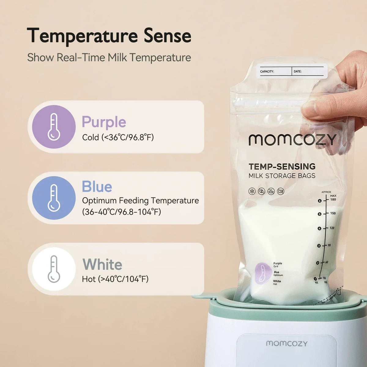 Momcozy Baby Bottle Warmer, 6-in-1 Smart Temperature Control, Fast Baby Food Heater, Steam Sterilizer & Momcozy Breastmilk Storage Bags, Temp-Sensing Discoloration Milk Storage Bags, 180ml/120 Count