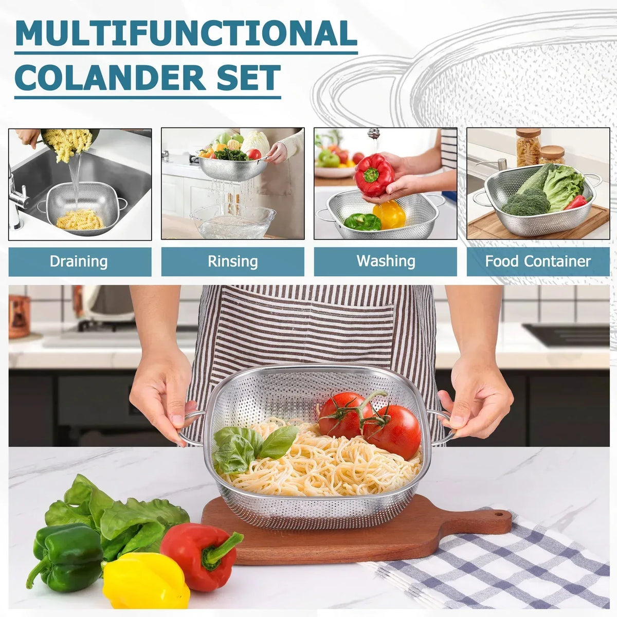 VeSteel Colander Set of 3, Stainless Steel Micro-Perforated Colanders Strainers for Draining Rinsing Washing, Ideal for Pasta Vegetables Fruits, Heavy Duty & Dishwasher Safe