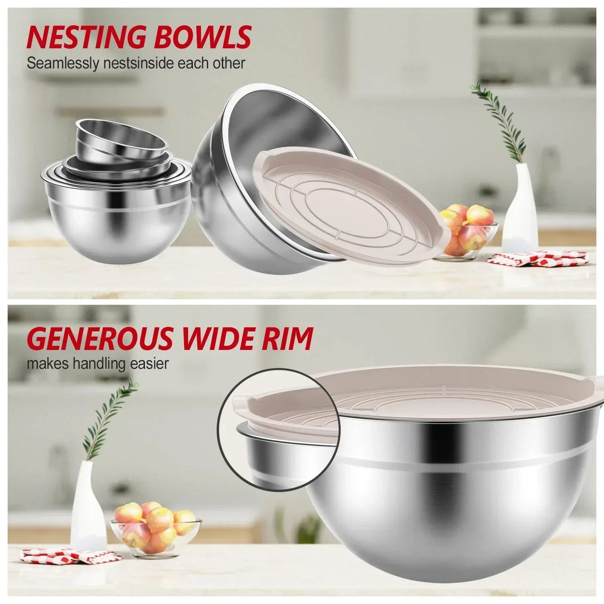 Stainless Steel Mixing Bowls Set, TINANA 6 Pack Mixing Bowls with Lids, Metal Nesting Storage Bowls for Kitchen, 4.5/3/2.5/2/1.5/0.75QT, Great for Prep, Baking, Serving, Khaki