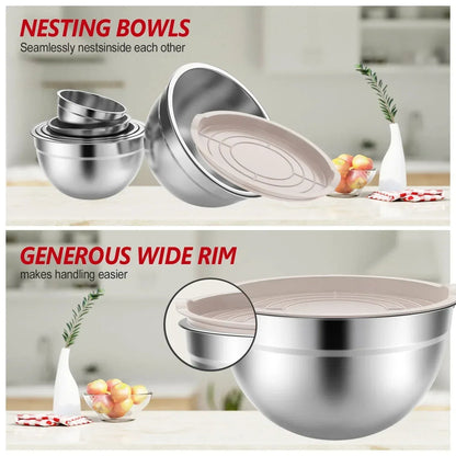 Stainless Steel Mixing Bowls Set, TINANA 6 Pack Mixing Bowls with Lids, Metal Nesting Storage Bowls for Kitchen, 4.5/3/2.5/2/1.5/0.75QT, Great for Prep, Baking, Serving, Khaki