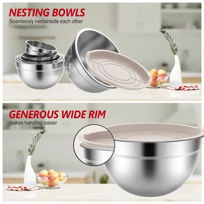 TINANA Mixing Bowls with Lids: Stainless Steel Mixing Bowls Set, Metal Nesting Mixing Bowls for Kitchen, 7/4.5/3.0/2.0/1.5/1.0/0.7QT, Great for Prep, Baking, Serving