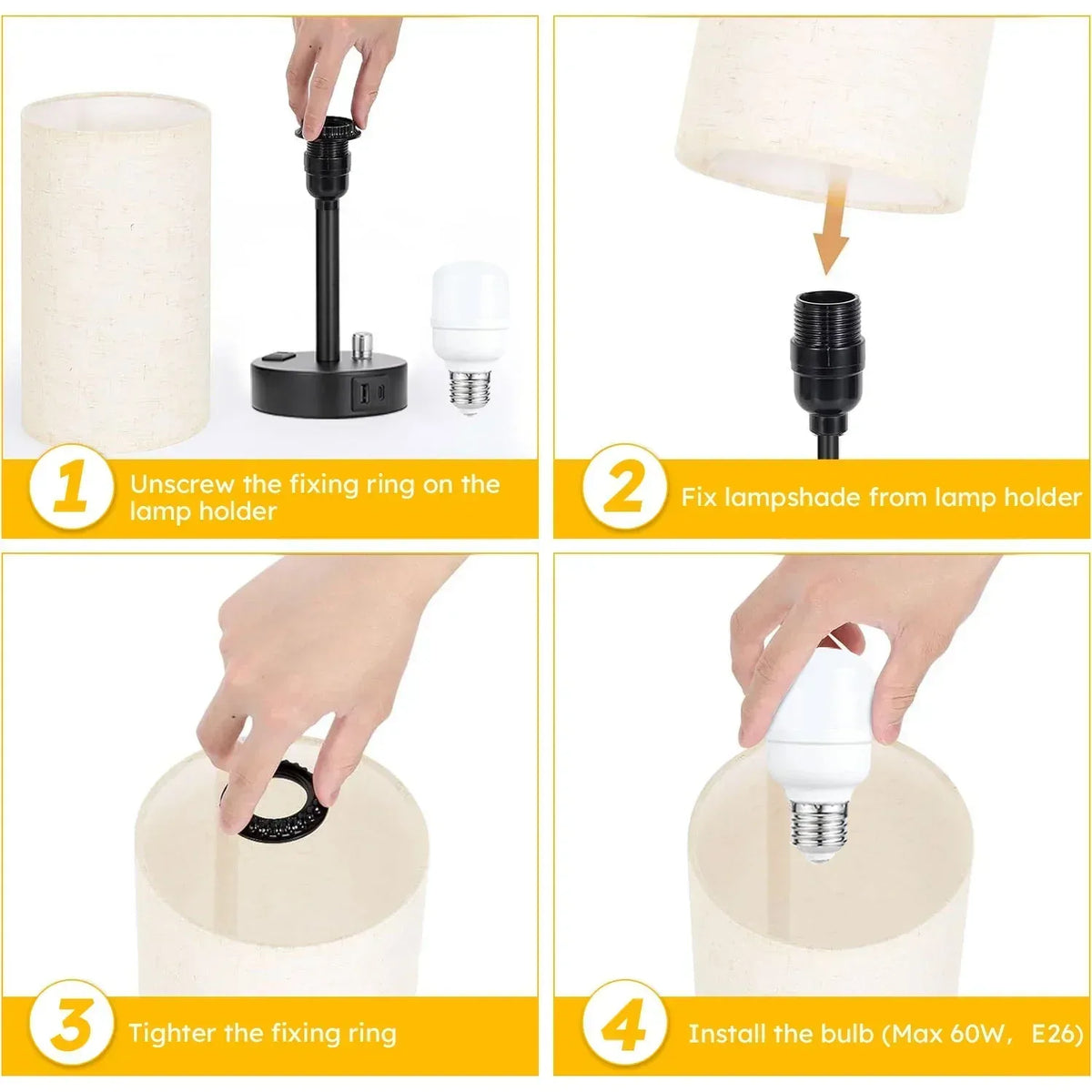 HadinEEon Bedside Table Lamp, Fully Dimmable Lamp with USB C&A Fast Charging Port, AC Outlet, Lamp with Linen Fabric Shade and Black Base for Bedroom Living Room, Office, Dorm