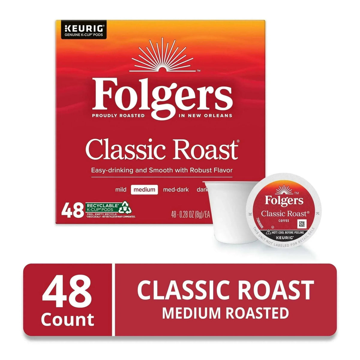 Folgers Classic Roast, Medium Roast Coffee, Keurig K Cup Pods, 48 Count Box