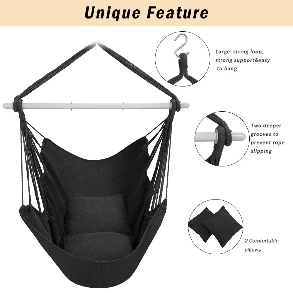 Large Hammock Chair Swing, Relax Hanging Rope Swing Chair with Detachable Metal Support Bar & Two Seat Cushions, Cotton Hammock Chair Swing Seat for Yard Bedroom Patio Porch Indoor Outdoor