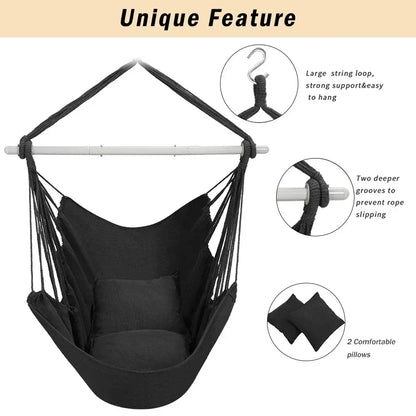 Large Hammock Chair Swing, Relax Hanging Rope Swing Chair with Detachable Metal Support Bar & Two Seat Cushions, Cotton Hammock Chair Swing Seat for Yard Bedroom Patio Porch Indoor Outdoor