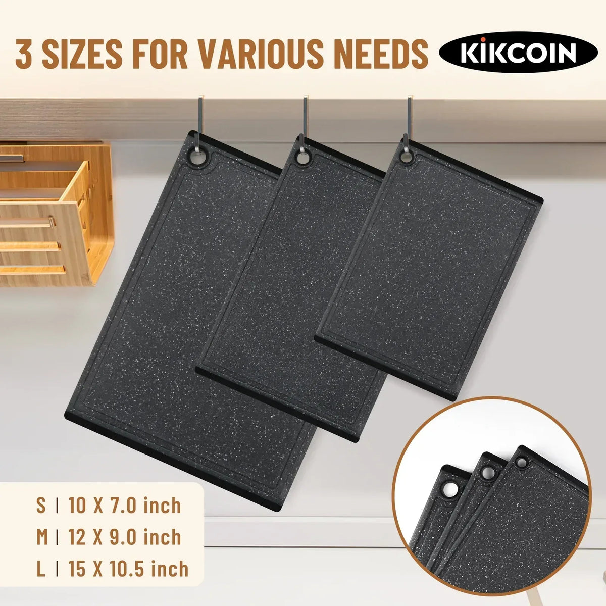 Kikcoin 3-Piece Plastic Large Cutting Boards Set for Kitchen, Non-slip Feet and Juice Grooves, Multicolor
